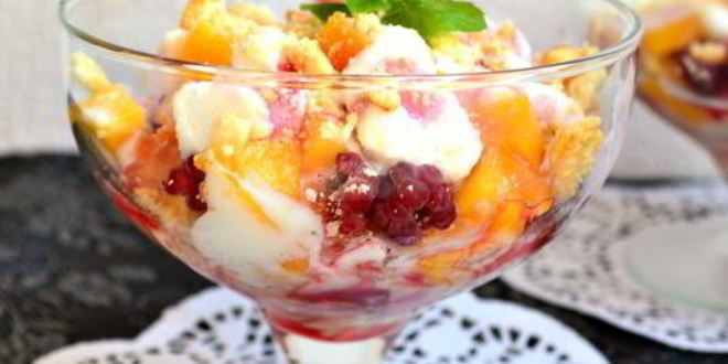 Рецепт десерта из мороженого с персиками и малиной