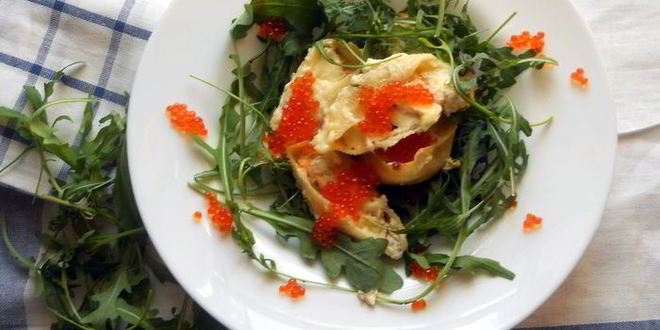 Рецепт пасты ракушки с муссом из семги, маскарпоне, руколы и красной икрой