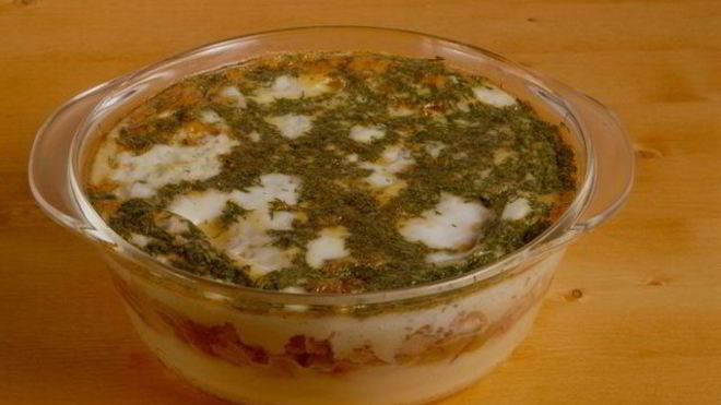 Рецепт Картофельного пюре запеченого с окороком и грибами