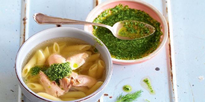Рецепт куриной лапши в новом стиле с песто из укропа