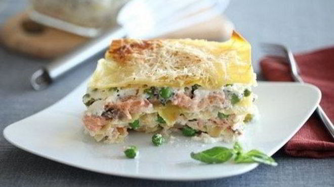 Рецепт Лазаний с зеленым горошком и лососем