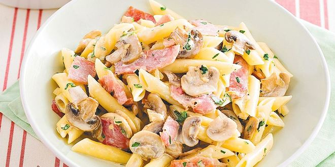 Рецепт пасты с ветчиной и грибами