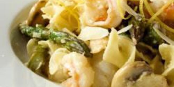 Рецепт пасты со спаржей, грибами и креветками