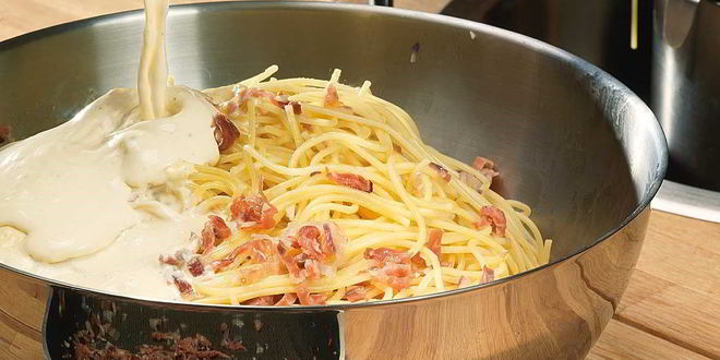Рецепт спагетти карбонара с красным луком