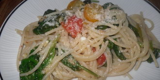 Рецепт спагетти со шпинатом и помидорами