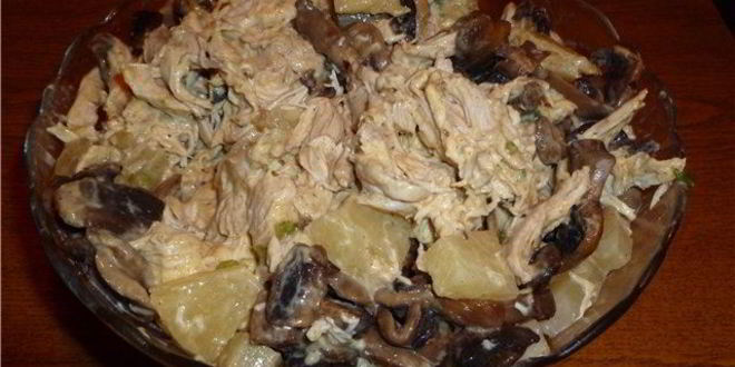 Рецепт курицы с грибами и ананасами