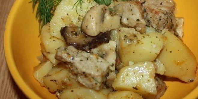 Рецепт мяса с шампиньонами в мультиварке