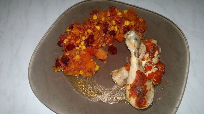 Рецепт Куриных голеней из духовки, чечевичное рагу с тыквой, кукурузой и свеклой