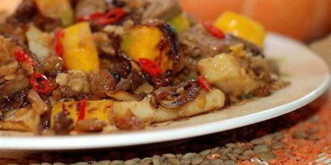 Рецепт тыквенного кисла-сладкого рагу с чечевицей