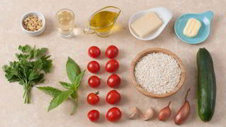 Рецепт Летнего ризотто с помидорами черри, цукини и кедровыми орешками