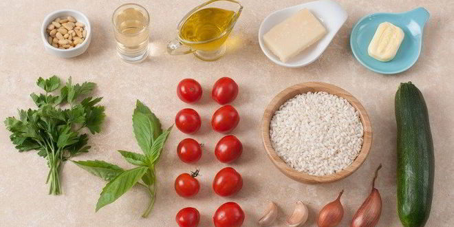 Рецепт летнего ризотто с помидорами черри, цукини и кедровыми орешками