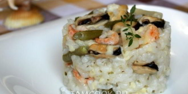 Рецепт ризотто с морепродуктами и стручковой фасолью