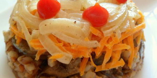 Рецепт печени, гречки, лук, морковь в сливках