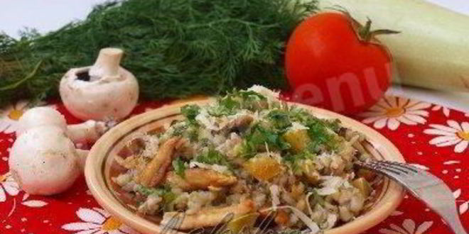 Рецепт перловки на гарнир с кабачками, грибами, курицей