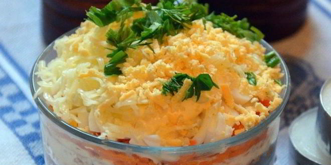 Рецепт слоеного салата с горбушей и гречкой