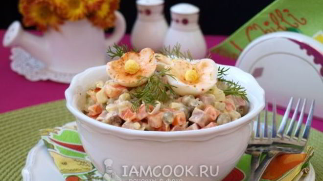 Рецепт Салата Оливье с колбасой и горошком