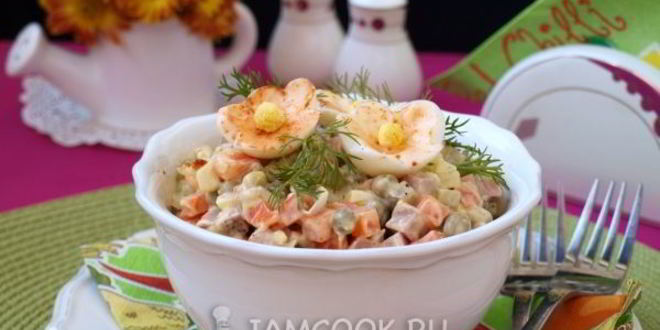 Рецепт салата оливье с колбасой и горошком