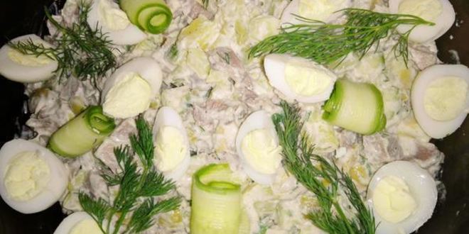 Рецепт салата оливье с языком и свежим огурцом