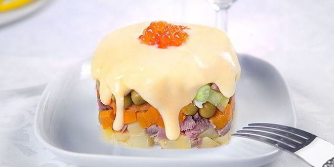 Рецепт салата оливье слоями