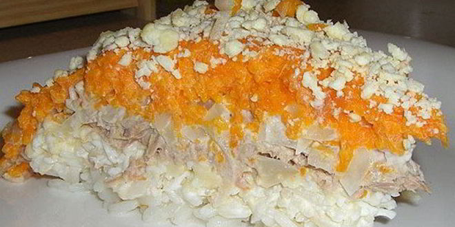 Рецепт слоеного салата мимоза с рыбой и рисом