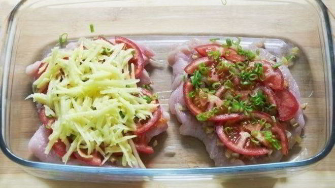 Рецепт Куриной грудки под шубой из грибов и картофеля