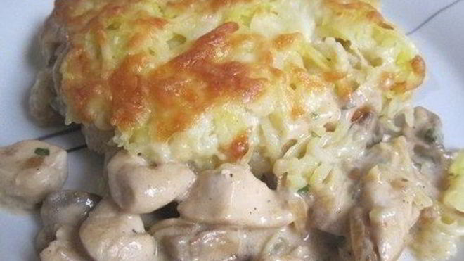 Рецепт Курицы с грибами под шубой из картофеля