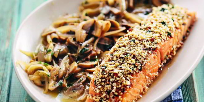 Рецепт лосося с грибным винегретом
