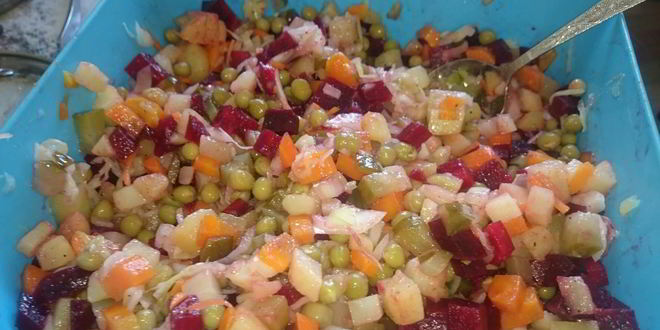 Рецепт винегрета из запеченных овощей с квашеной капустой