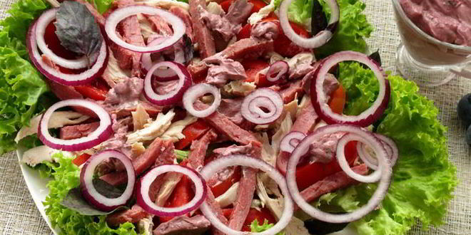 Рецепт мясного салата с майонезом-ткемали