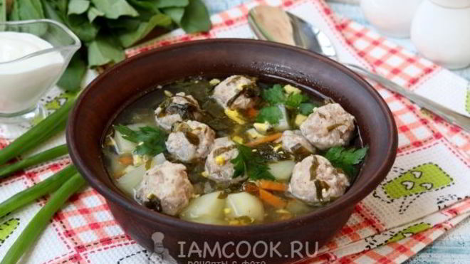 Рецепт Зеленого борща с фрикадельками и со щавелем