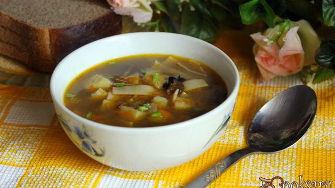 Рецепт Супа с сушеными грибами и лапшой на курином бульоне