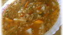 Рецепт Густого супа Прованс с картофелем, перловкой и помидорами
