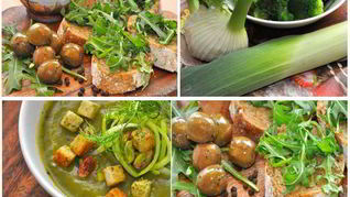 Рецепт Кростини с оливками и зеленый суп-пюре