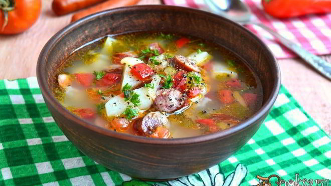Рецепт Супа с рисом, овощами и охотничьими колбасками