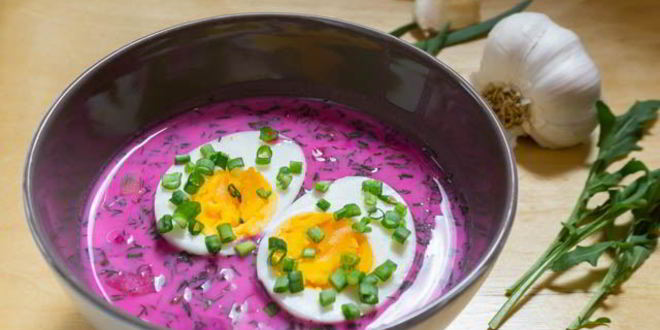 Рецепт свекольника на кефире с ветчиной, редисом и горчицей