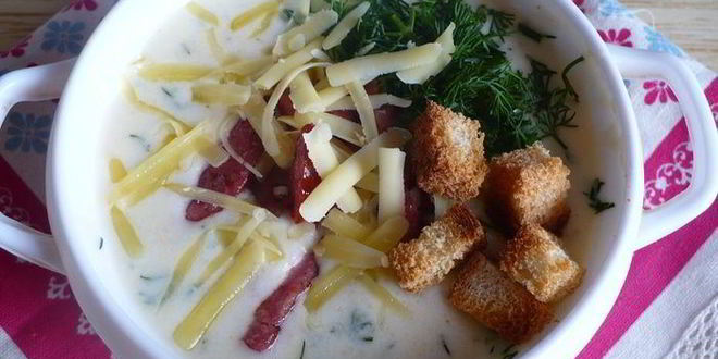 Рецепт сырно-овощного суп с копченостями