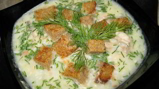 Рецепт Сырного супа со сливками, ветчиной и сухариками