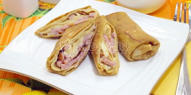 Рецепт блинов с ветчиной и сыром