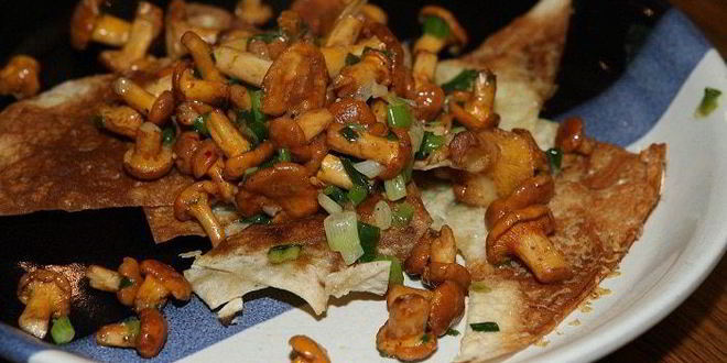 Рецепт грибов с пармезаном и зеленым луком на чипсах из лаваша