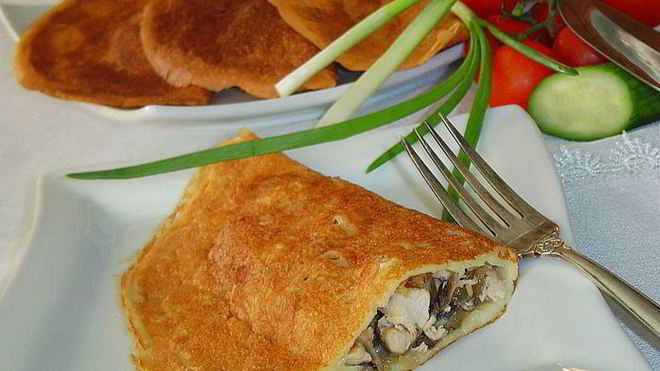 Рецепт Блинчатых пирожков с начинкой из курятины и грибов