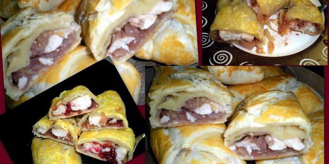 Рецепт слойки с белым мясом птицы и луково-брусничным конфитюром