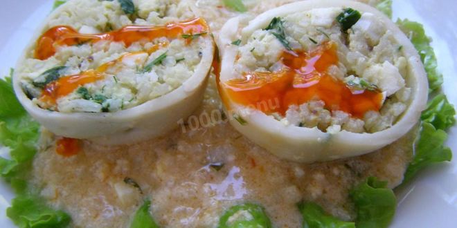 Рецепт фаршированных кальмаров с рисом и яйцом
