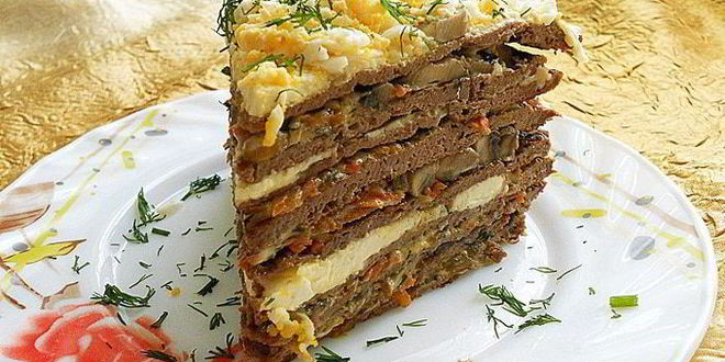 Рецепт печеночного торта с грибами