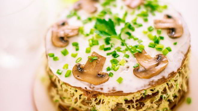 Рецепт Печеночного торта с шампиньонами