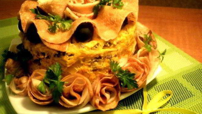 Рецепт Закусочного блинно-печеночный торт