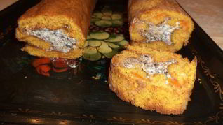 Рецепт Рулета из бисквитно-тыквенного теста с творожной начинкой