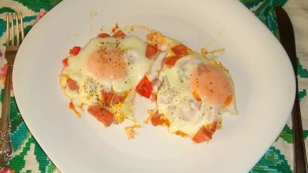 Рецепт Яичницы с помидорами и колбасой